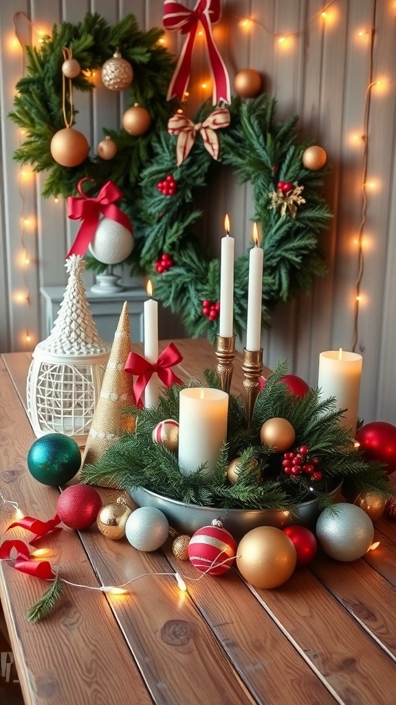 A collection of handmade Christmas decorations including ornaments, a wreath, and a centerpiece on a wooden table.